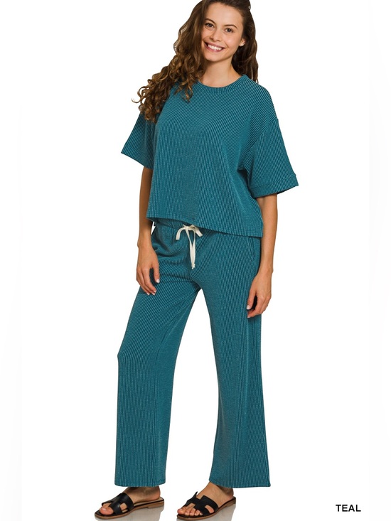 Zenana Pants - Zenana RAISED RIB SHORT SLEEVE TEE & PANTS SET